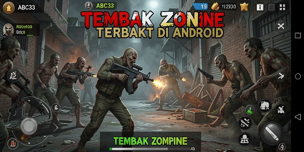 Tampilan antarmuka pengguna ABC33 dengan aksi tembak zombie yang intens.