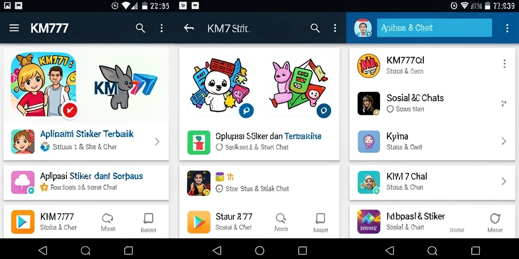 Antarmuka KM777 menampilkan berbagai stiker menarik dan status kreatif.