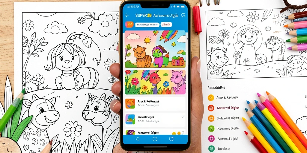 Tampilan antarmuka aplikasi Mewarnai Digital SUPER33 yang menarik dan interaktif.